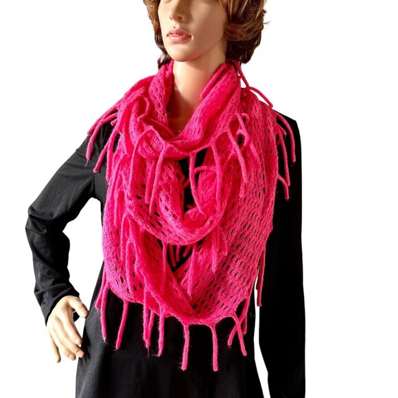 Hot Pink Infinity Scarf One Size Festival Knit Fringe Soft Metallic Thread - Picture 1 of 12